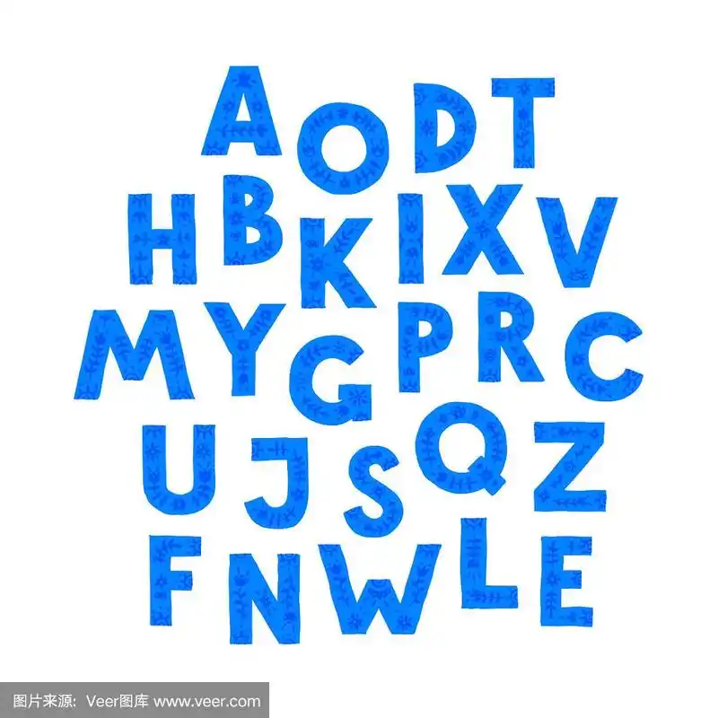 蓝色字母随机排列.向量.花饰上的字母.卡通涂鸦风格.英语字母表.