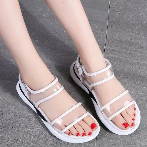 朴尼斯pounise女鞋魔术贴透明平底厚底沙滩凉鞋一字凉鞋软底防滑女