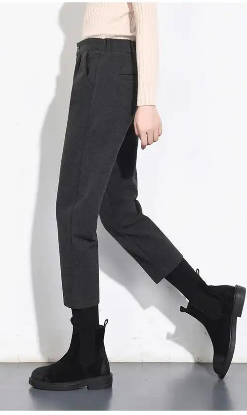 休闲裤上新女装新款裤子女八分小个子毛呢裤哈伦裤毛呢老爹裤女秋冬