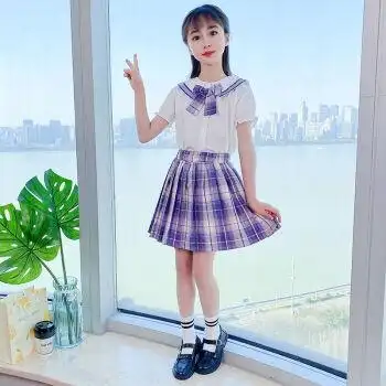 童夏天穿的儿童百褶裙夏季小女孩条纹格子裙校服jk套装洋气紫罗兰150