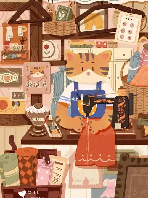 猫咪裁缝店场景插画