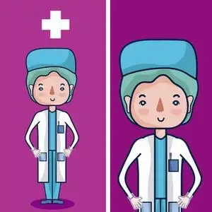 可爱女医生卡通与医学圆形图标矢量插图平面设计在蓝色背景上的可爱