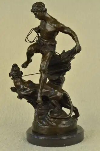 vintage nude man attacked by lion bronze sculpture