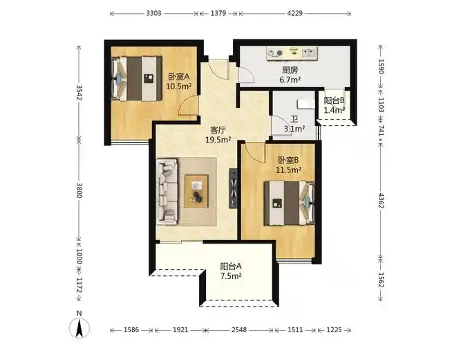 渝北区 回兴欢乐颂2房115万二手房户型图