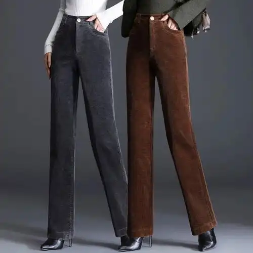 灯芯绒裤 子秋冬新款 女长裤 高腰休闲裤 加绒加厚条绒女裤 宽松直筒