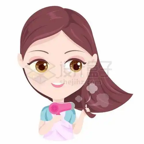 卡通美女用吹风机吹干头发秀发7098065矢量图片免抠素材