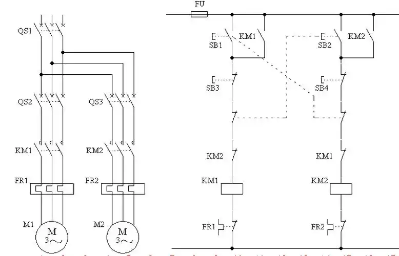 两个电动机互锁的电路图.要求电动机m1启动时m2停止,m2启动时m1停止.