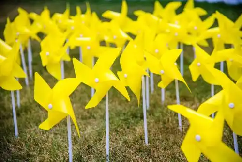 户外草坪上彩色的塑料小风车