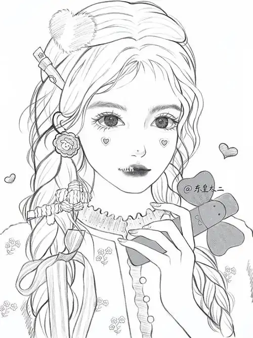 线稿夹心爱心腮红少女