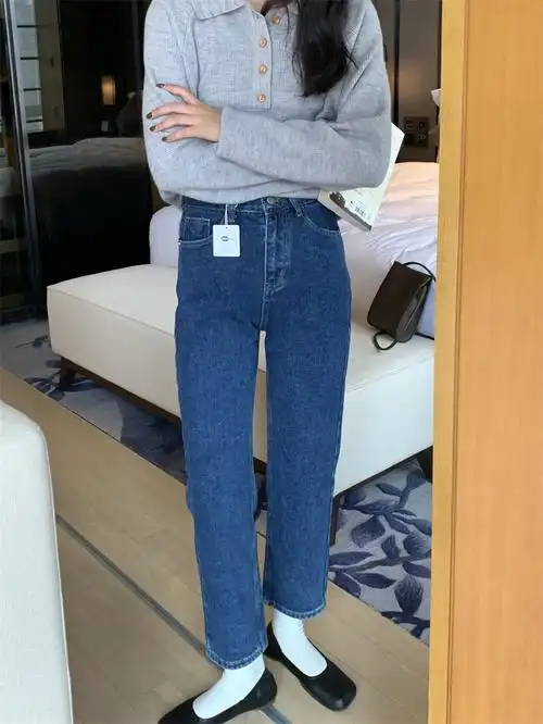 meetme蓝色直筒抓毛牛仔裤女2021年韩版冬季高腰显瘦经典款裤子