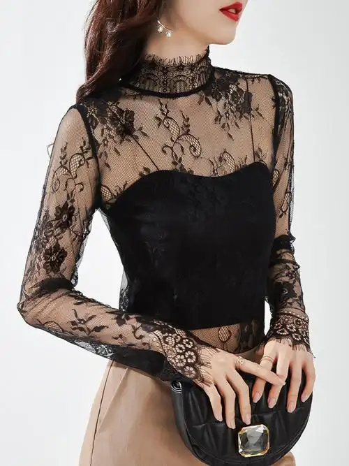 黑色透明蕾丝上衣女性感纱衣高领秋冬长袖内搭毛衣高端网纱打底衫