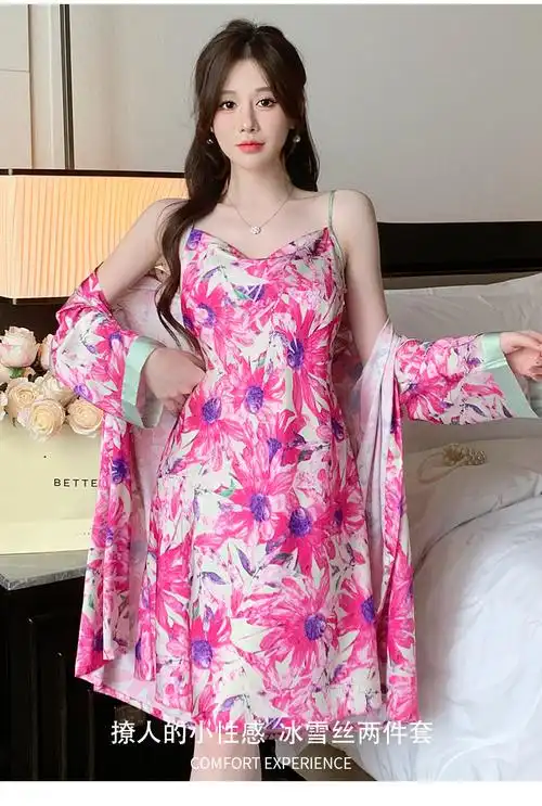 粉色战袍睡裙春季性感睡衣女冰丝吊带两件套短款睡袍纯欲风家居服