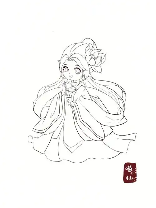 原创古风q版人物何仙姑线稿