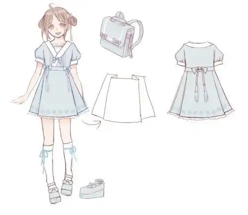 白色连衣裙服装设计手绘效果图儿童卡通动漫简笔画漫画少女人物素材