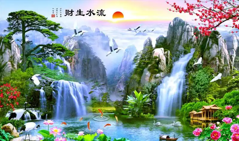 财生流水简约山水风景写实玄关屏图片