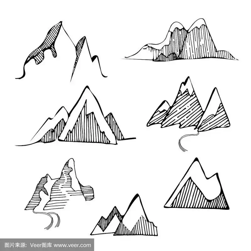 矢量插图不同的山和岩石,孤立在白色的背景.雕刻风格.