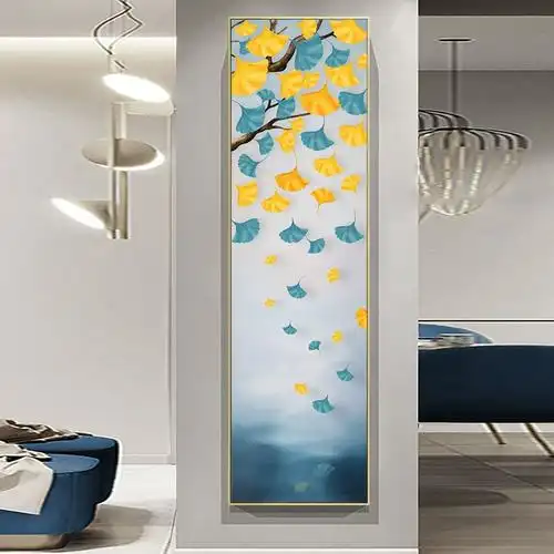 饰画现代简约客厅画竖版窄长条书房楼梯转角墙面挂画银杏叶玄关装