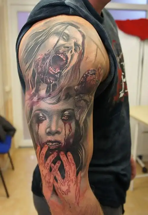 手臂上的血腥僵尸女郎纹身图案