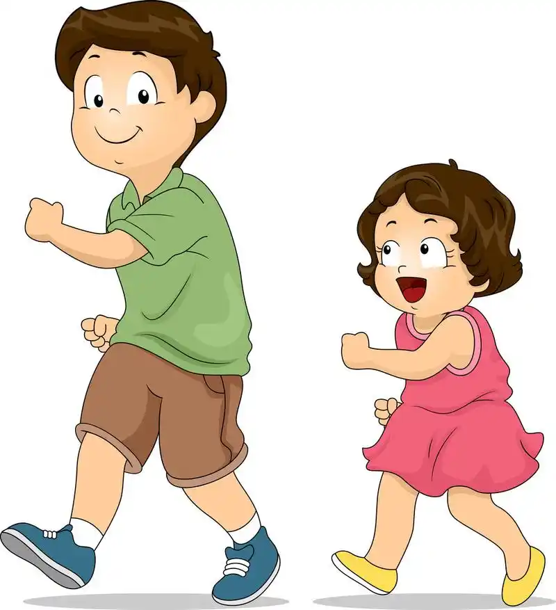 同级模仿,一个小女孩复制她的哥哥走路的样子的插图