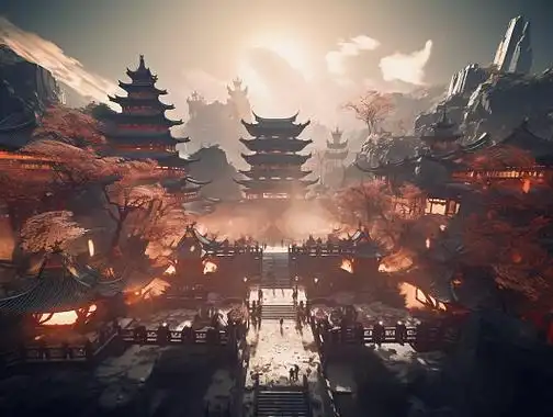 唯美古风动漫复古建筑廊亭植物山水云间插画中国古典建筑城楼游戏场景