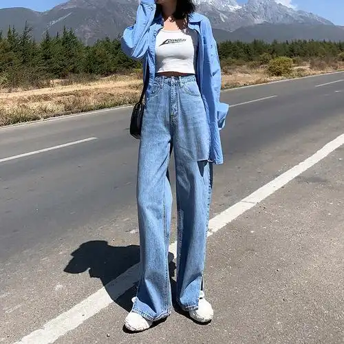 浅蓝色牛仔裤女2020年新款侧开叉直筒阔腿裤设计感加长高个子长裤