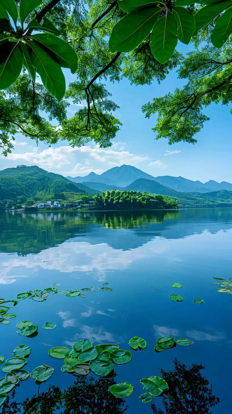 清晨的湖畔,微风轻拂,荷叶摇曳,湖面泛起涟漪,日光洒在身上,微微暖意