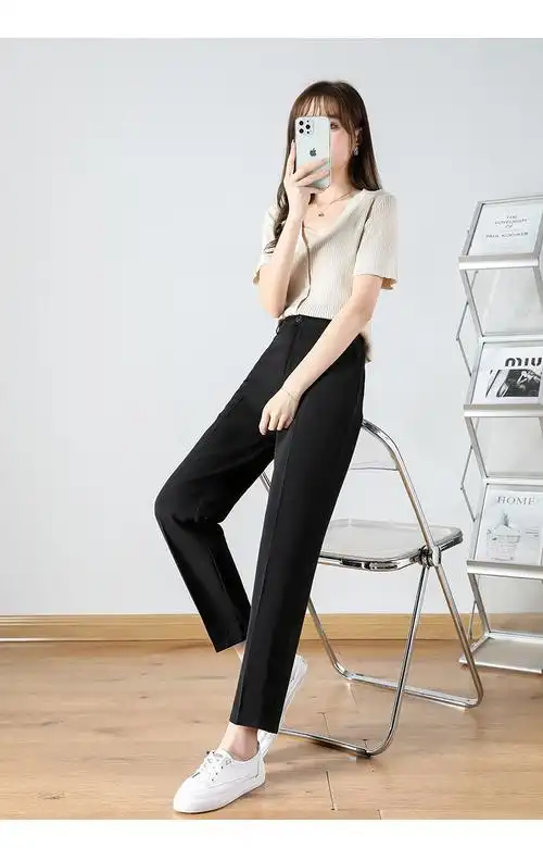 垂感好的西装裤女夏季薄款九分宽松萝卜裤高腰烟管裤子黑色夏薄款s