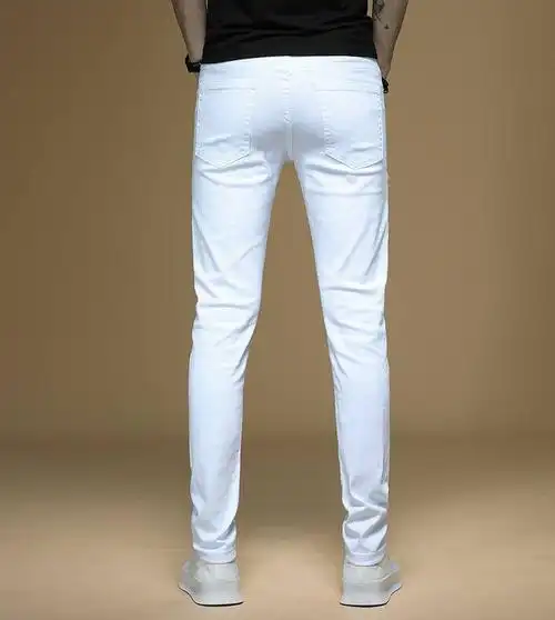 汤河之家 刺绣牛仔裤男韩版修身弹力白色男装裤子2019新品青少年男士