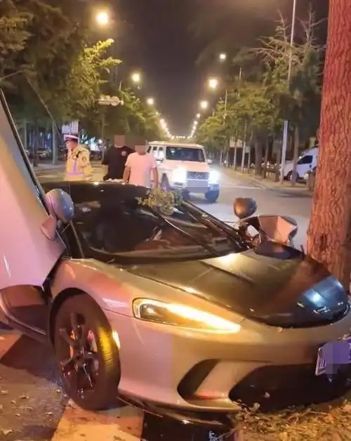 雨夜一辆迈凯伦跑车撞上路边大树,现场一地碎片