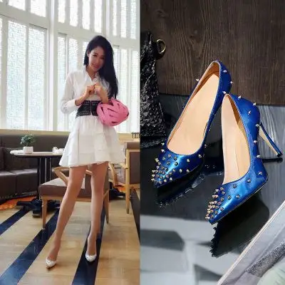 赵薇明星同款欧美铆钉尖头高跟鞋细跟气质女单鞋浅口白色性感婚鞋