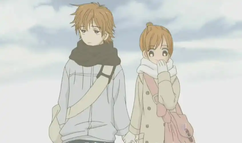 动漫人物帮我找一张一男牵着一女的手的图片