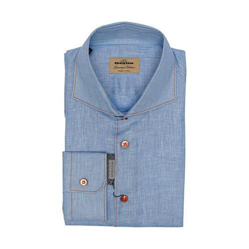 醉顶吉品牌 gerlin 23春夏 浅蓝色亚麻撞色条纹 手工长袖衬衫