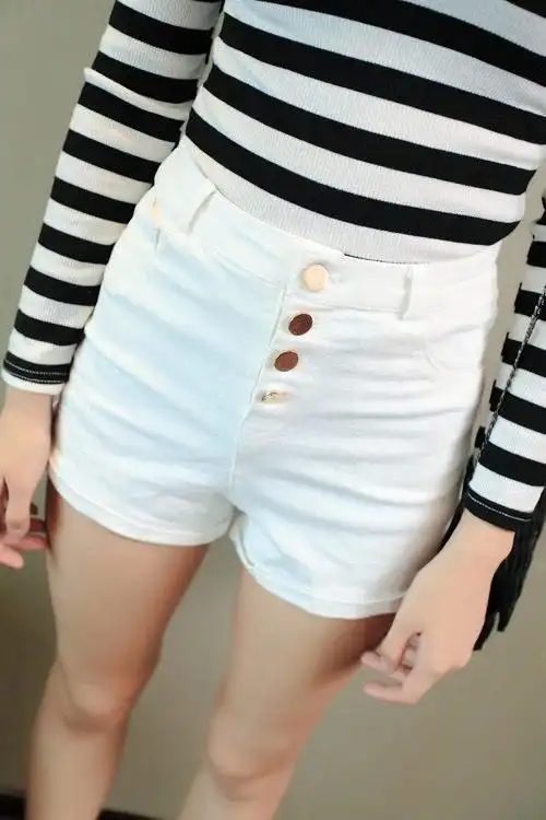 复古大码弹力单排扣高腰短裤女夏装休闲紧身显瘦白色超短裤热裤潮