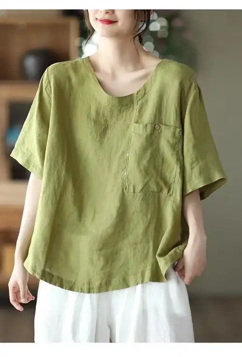 新款复古砂洗亚麻上衣女士圆领短袖套头麻衫休闲文艺t恤 - 17网