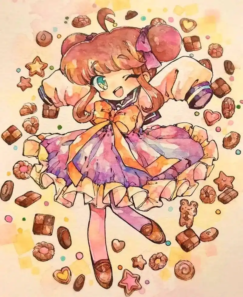 卡通人物手绘,暖暖的糖果风卡通女孩插画,可爱的巧克力女孩