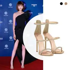 唐嫣同款鞋一字带高跟凉鞋女水钻细跟凉鞋时尚宴会性感夜店仙女鞋