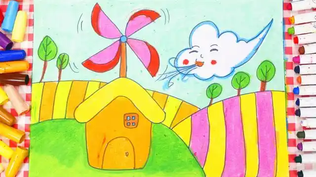 儿童画场景故事 房子上的大风车