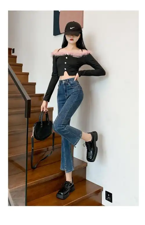 显高显瘦显腿长今年流行的微喇牛仔裤女高腰九分小个子开叉喇叭裤