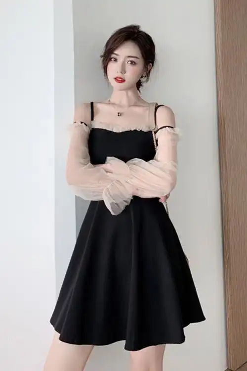 一字肩露肩露背拼接木耳边透视网纱袖高腰修身显瘦短裙a字连衣裙子