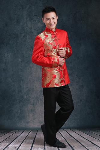 新款秀禾服男装结婚礼服新郎龙凤褂敬酒服修身中式中山装红色唐装
