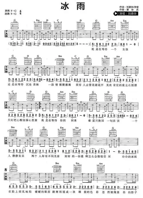 冰雨吉他谱  刘德华曲谱图片第1张