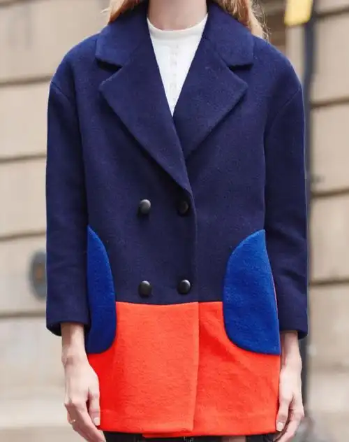 藏蓝色多色拼接新潮双排扣毛呢外套