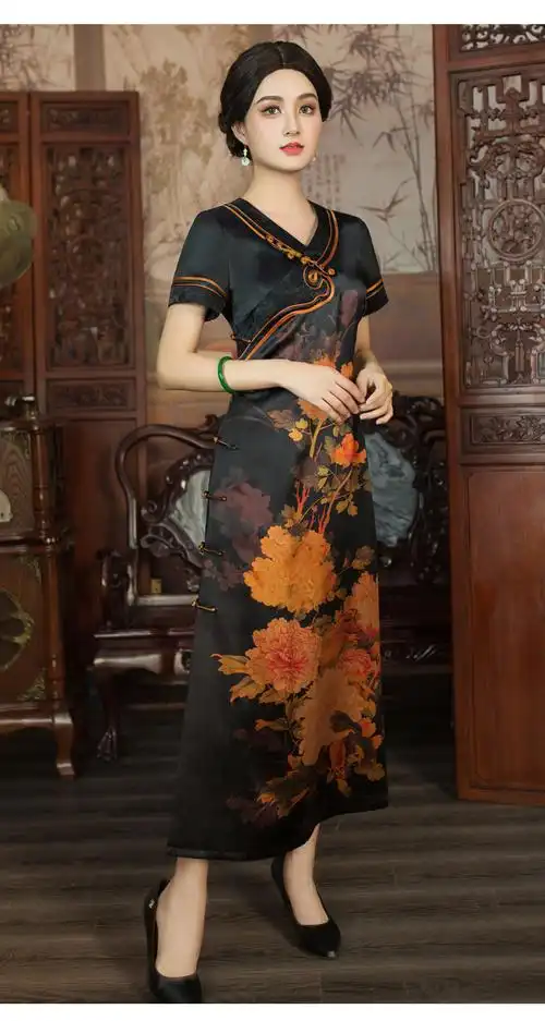 华族经典真丝桑蚕丝高端香云纱定位花妈妈传统旗袍女夏季长款短袖120