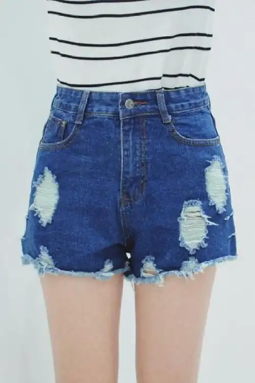 bai韩版破洞磨边水洗牛仔高腰女短裤