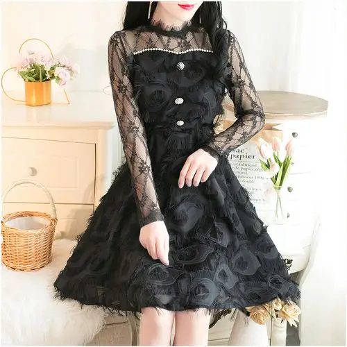 2020夏装春季女装透视网纱公主风毛毛流苏收腰显瘦蕾丝连衣裙子