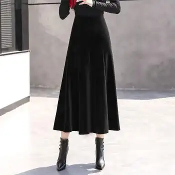 金丝绒半身裙超长款秋冬季名媛a字半裙长裙修身广场交谊舞高腰大摆裙