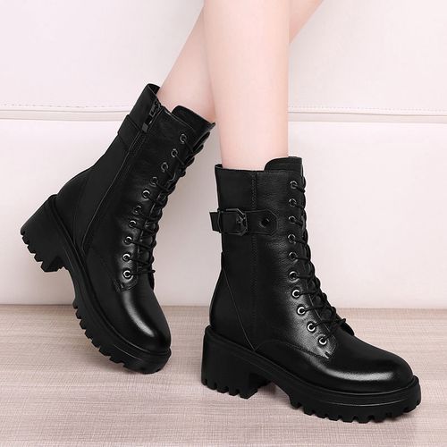 莱卡金顿头层牛皮真皮高跟粗跟加绒马丁靴女瘦瘦靴时装短靴女2300