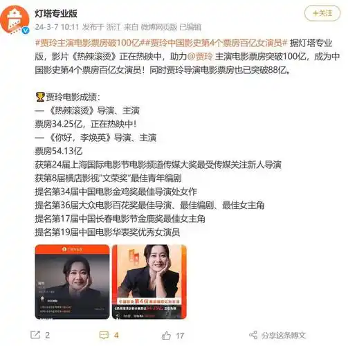 贾玲主演电影票房破100亿成为中国影史第4个票房百亿女演员