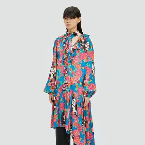 uooyaa乌丫2021冬季新品趣味小熊猫印花镂空荷叶连衣裙