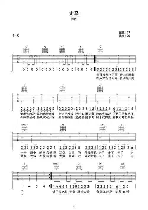 陈粒《走马》吉他谱_c调完整版_《走马》高清六线谱